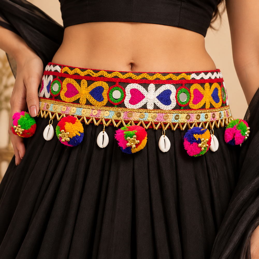 The99Jewel Festive Gujarati Mirror Work Waist Belt with  Triangular Gold Hangings, Shell & Pom Pom Charms