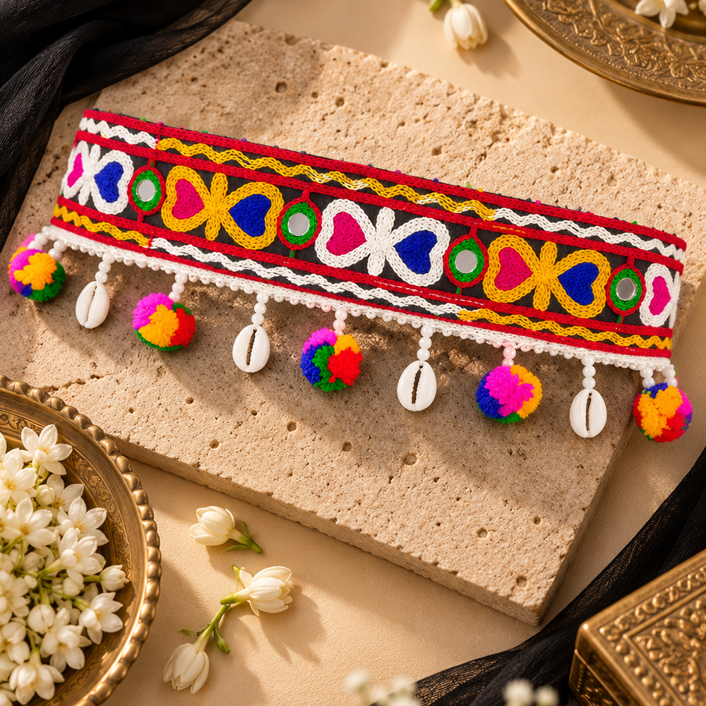 The99Jewel Colorful Mirror Work Shell & Pom Pom Kamarband Waist Belt for Navratri Festive Wear