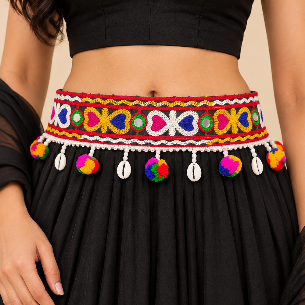 The99Jewel Colorful Mirror Work Shell & Pom Pom Kamarband Waist Belt for Navratri Festive Wear