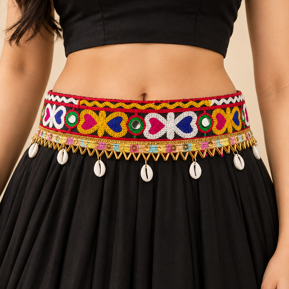 The99Jewel Traditional Navratri Mirror Work & Shell Embellished Kamarband Waist Belt for Women