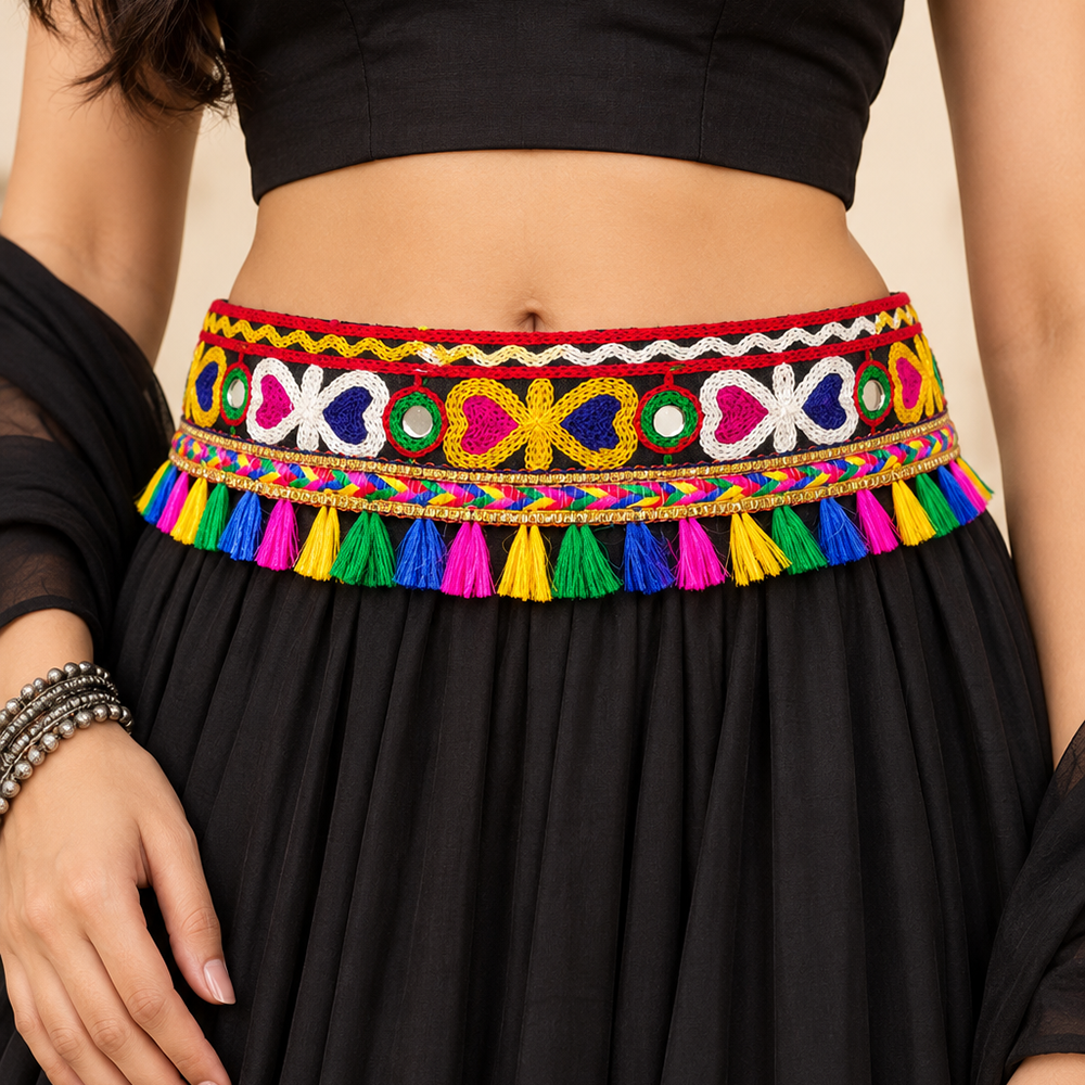 The99Jewel Traditional Navratri Mirror Work & Colorful Tassel Embellished Kamarband Waist Belt for Women
