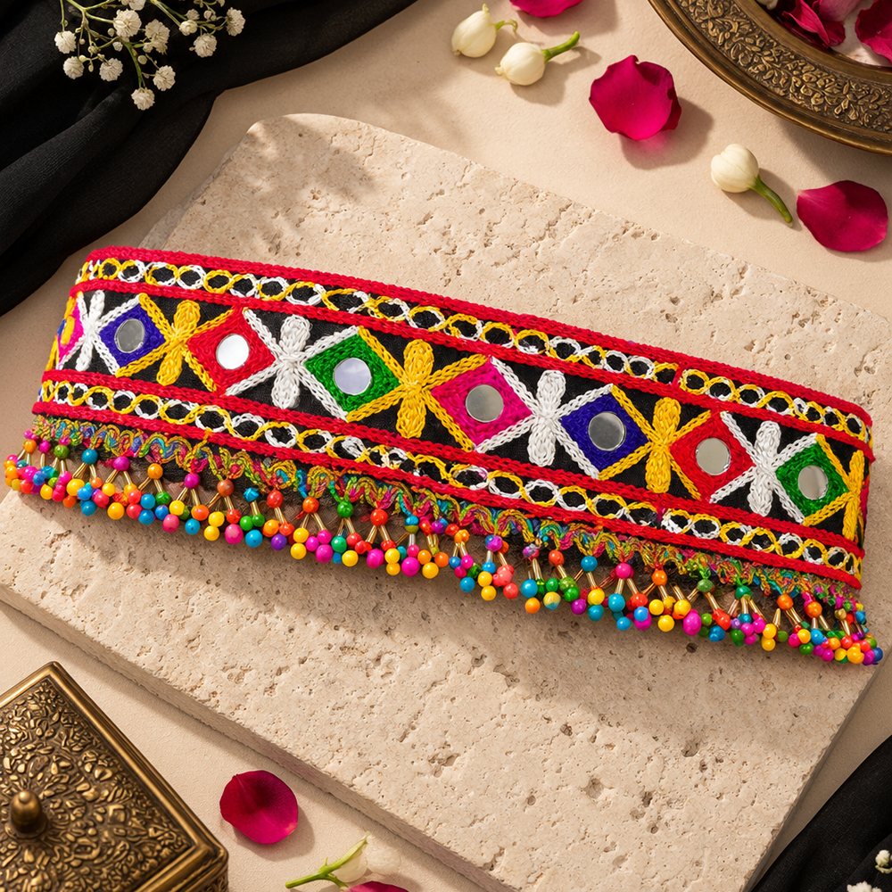 The99Jewel Vibrant Mirror Work Multicolor Pearl Kamarband Waist Belt for Navratri & Festive Occasions