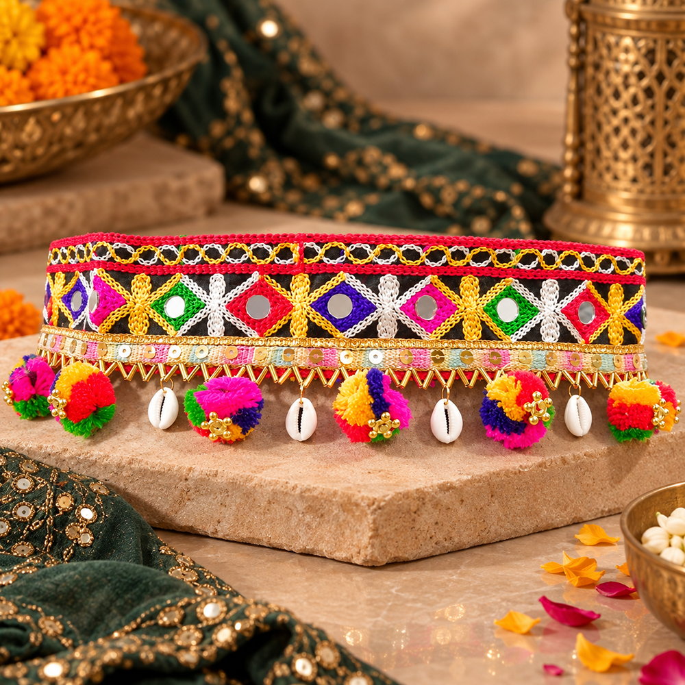 The99Jewel Festive Gujarati Mirror Work Waist Belt with  Triangular Gold Hangings, Shell & Pom Pom Charms