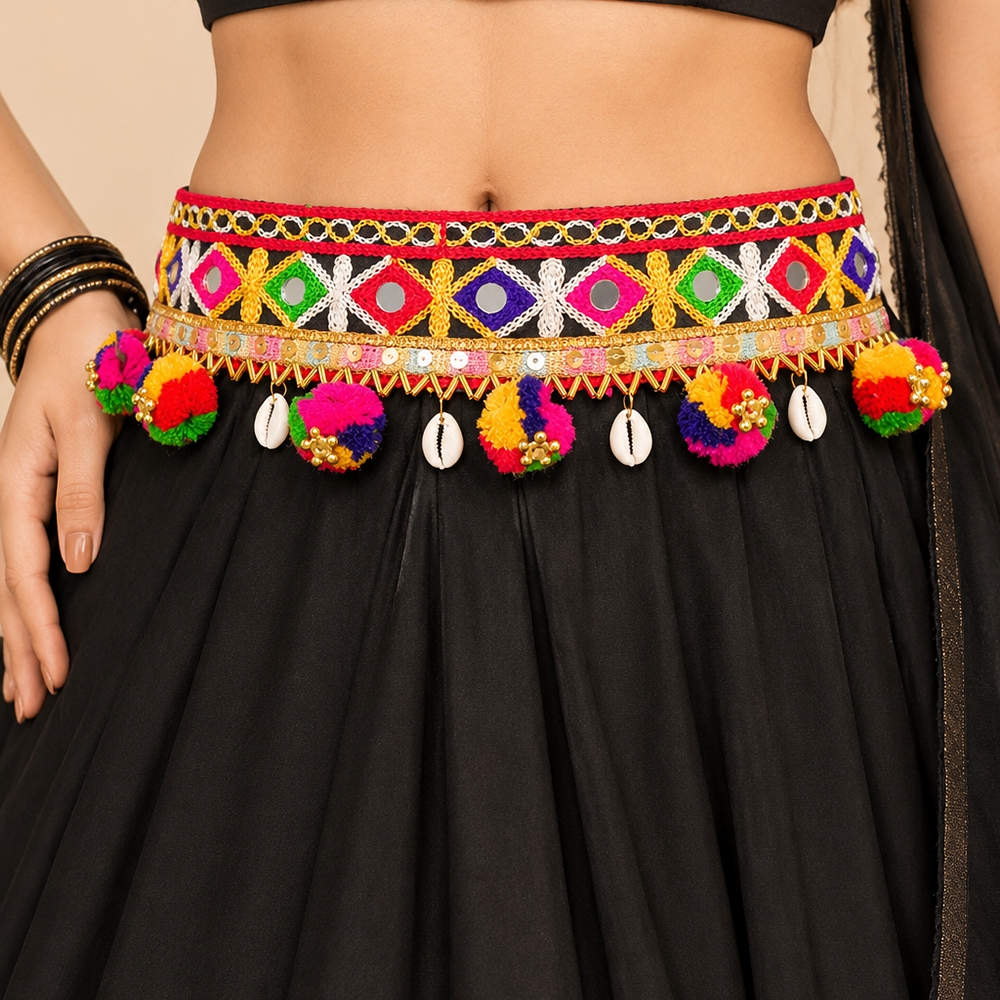 The99Jewel Festive Gujarati Mirror Work Waist Belt with  Triangular Gold Hangings, Shell & Pom Pom Charms