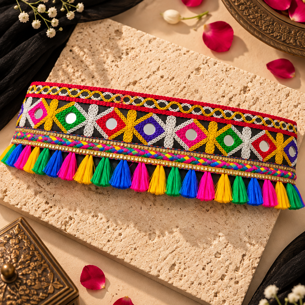 The99Jewel Traditional Navratri Mirror Work & Colorful Tassel Embellished Kamarband Waist Belt for Women