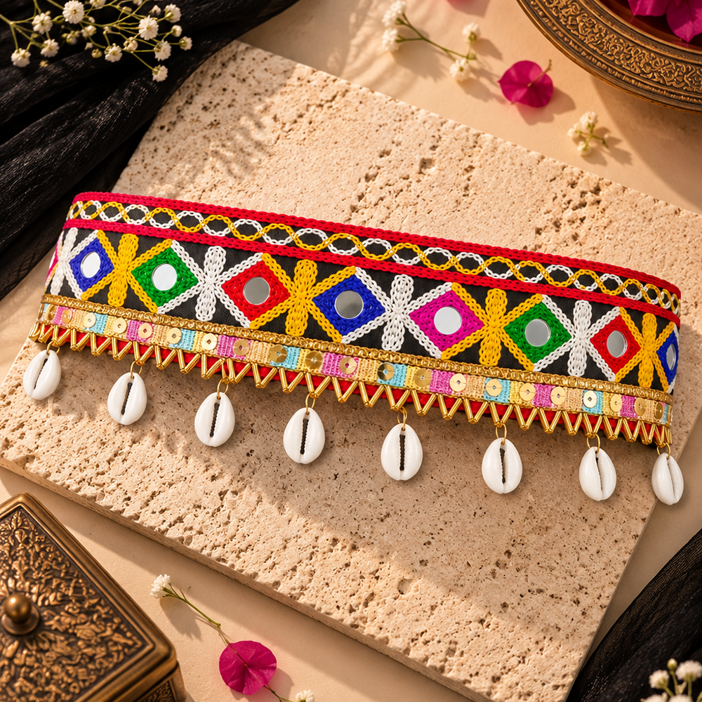 The99Jewel Traditional Navratri Mirror Work & Shell Embellished Kamarband Waist Belt for Women