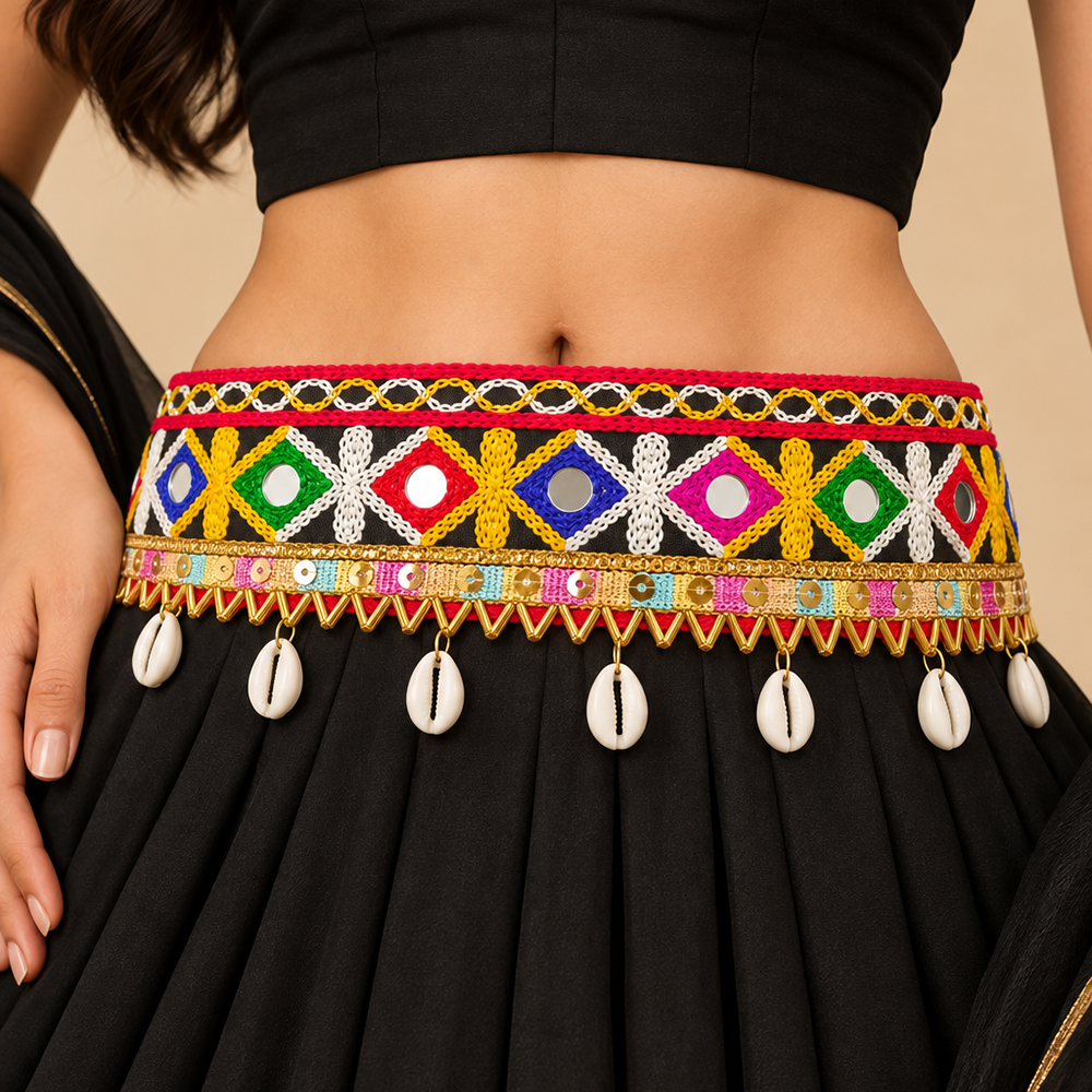 The99Jewel Traditional Navratri Mirror Work & Shell Embellished Kamarband Waist Belt for Women