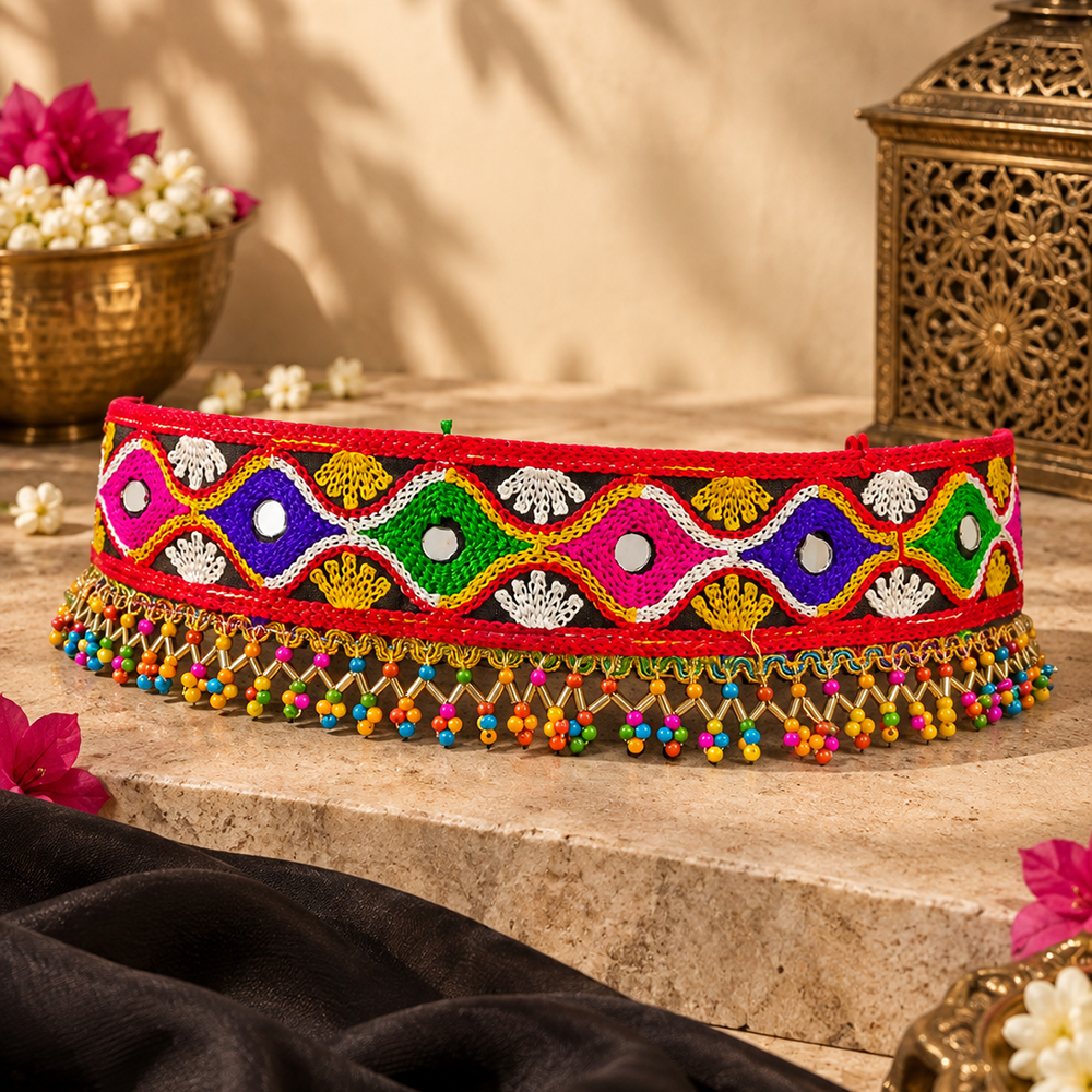 The99Jewel Vibrant Mirror Work Multicolor Pearl Kamarband Waist Belt for Navratri & Festive Occasions