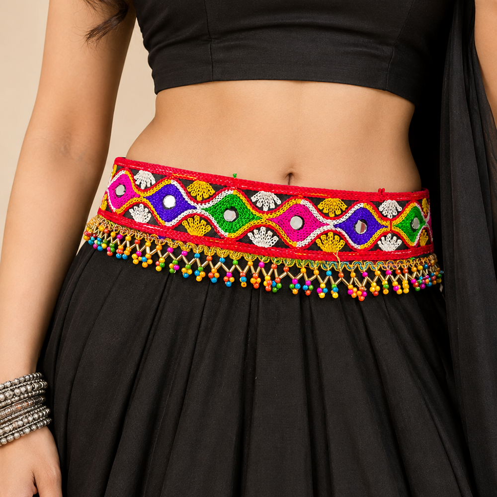 The99Jewel Vibrant Mirror Work Multicolor Pearl Kamarband Waist Belt for Navratri & Festive Occasions