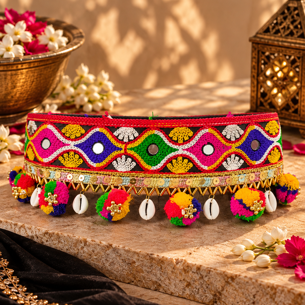 The99Jewel Festive Gujarati Mirror Work Waist Belt with  Triangular Gold Hangings, Shell & Pom Pom Charms