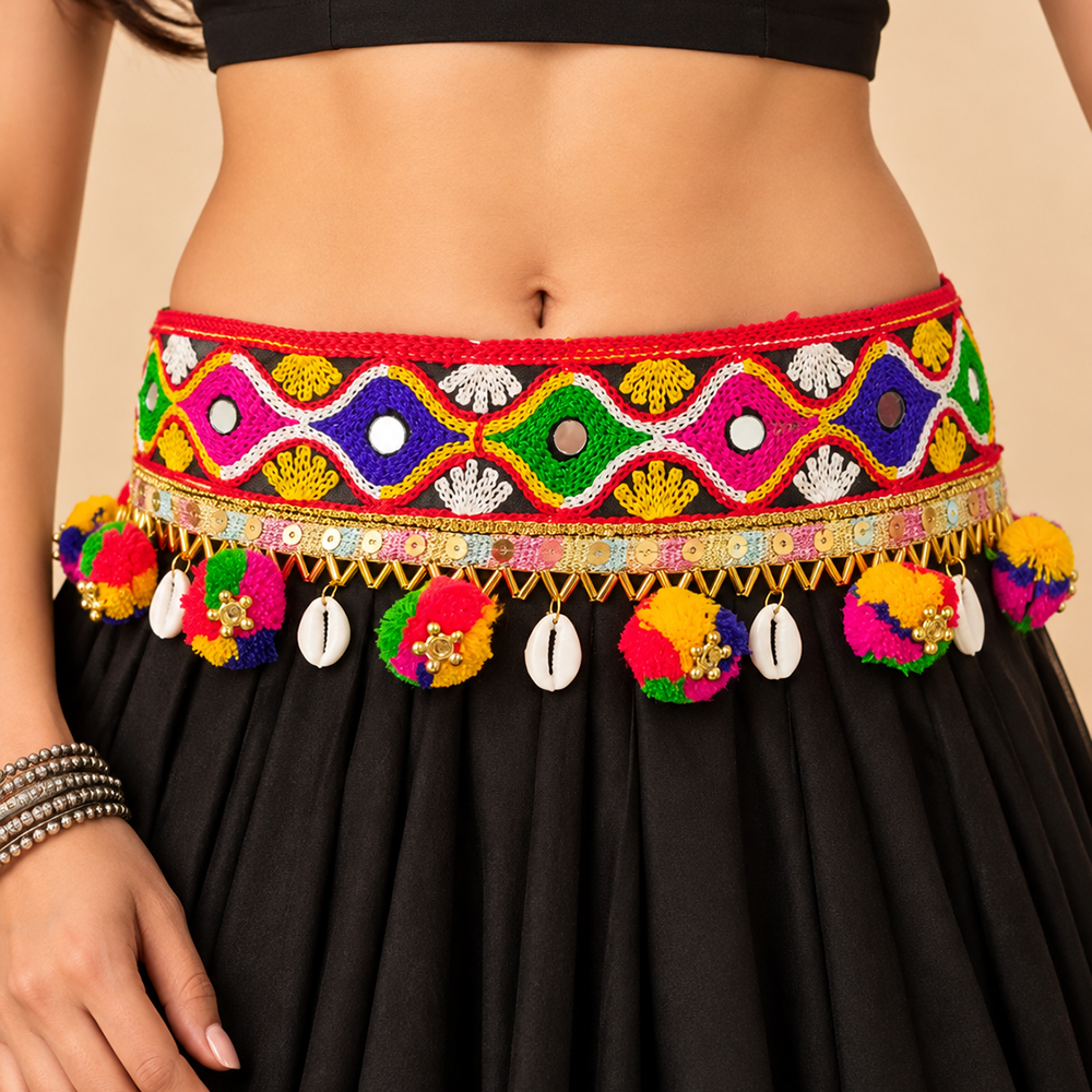 The99Jewel Festive Gujarati Mirror Work Waist Belt with  Triangular Gold Hangings, Shell & Pom Pom Charms
