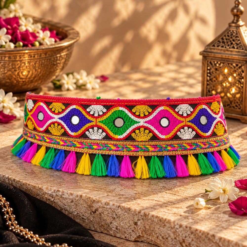 The99Jewel Traditional Navratri Mirror Work & Colorful Tassel Embellished Kamarband Waist Belt for Women