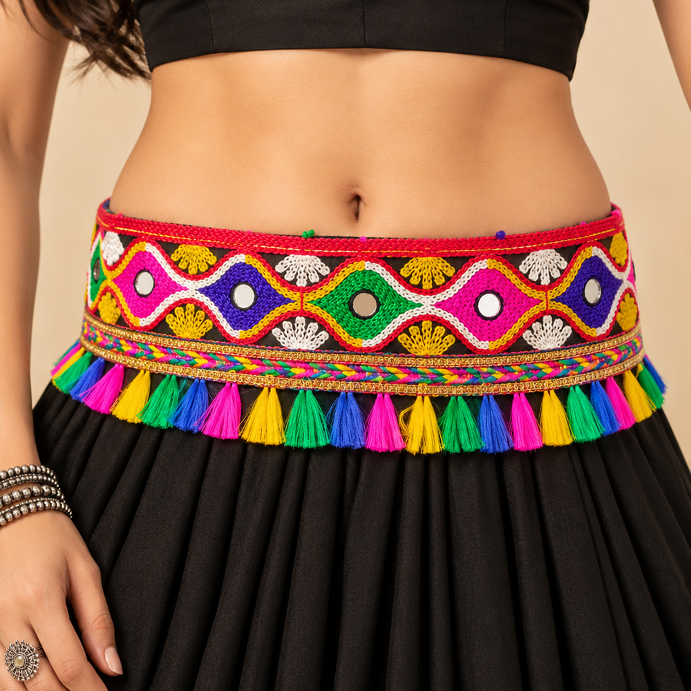 The99Jewel Traditional Navratri Mirror Work & Colorful Tassel Embellished Kamarband Waist Belt for Women