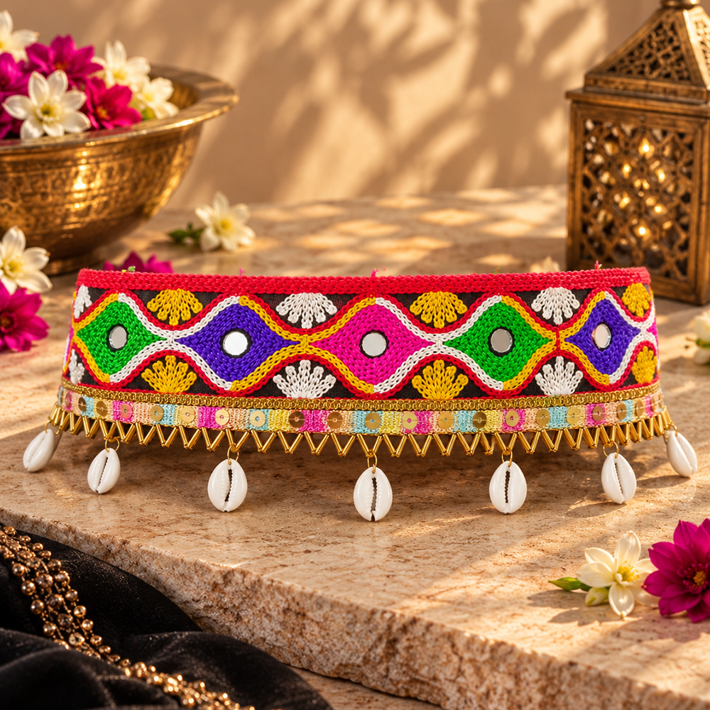 The99Jewel Traditional Navratri Mirror Work & Shell Embellished Kamarband Waist Belt for Women
