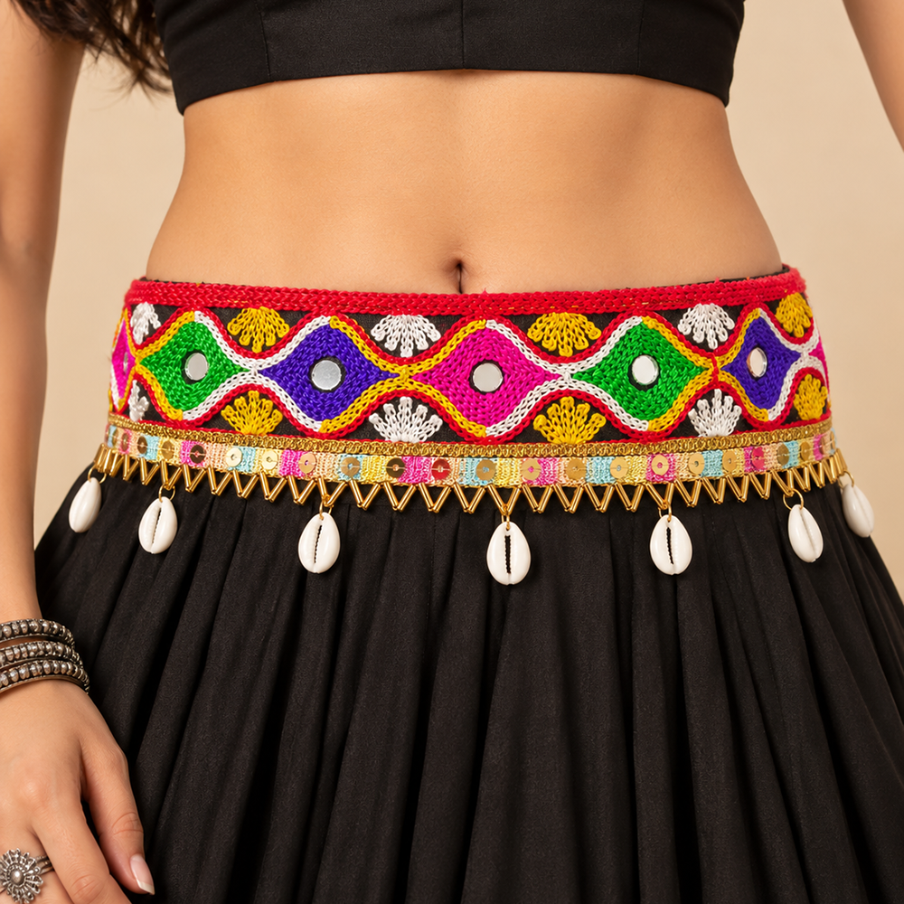 The99Jewel Traditional Navratri Mirror Work & Shell Embellished Kamarband Waist Belt for Women
