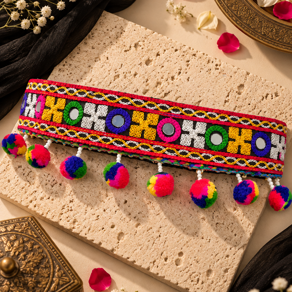 The99Jewel Gujarati Style Multicolor Mirror & Pom Pom Embroidered Kamarband Waist Belt for Garba