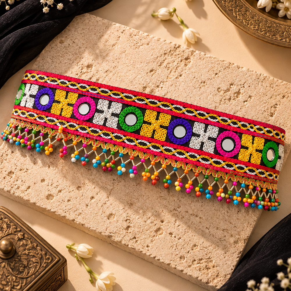 The99Jewel Vibrant Mirror Work Multicolor Pearl Kamarband Waist Belt for Navratri & Festive Occasions
