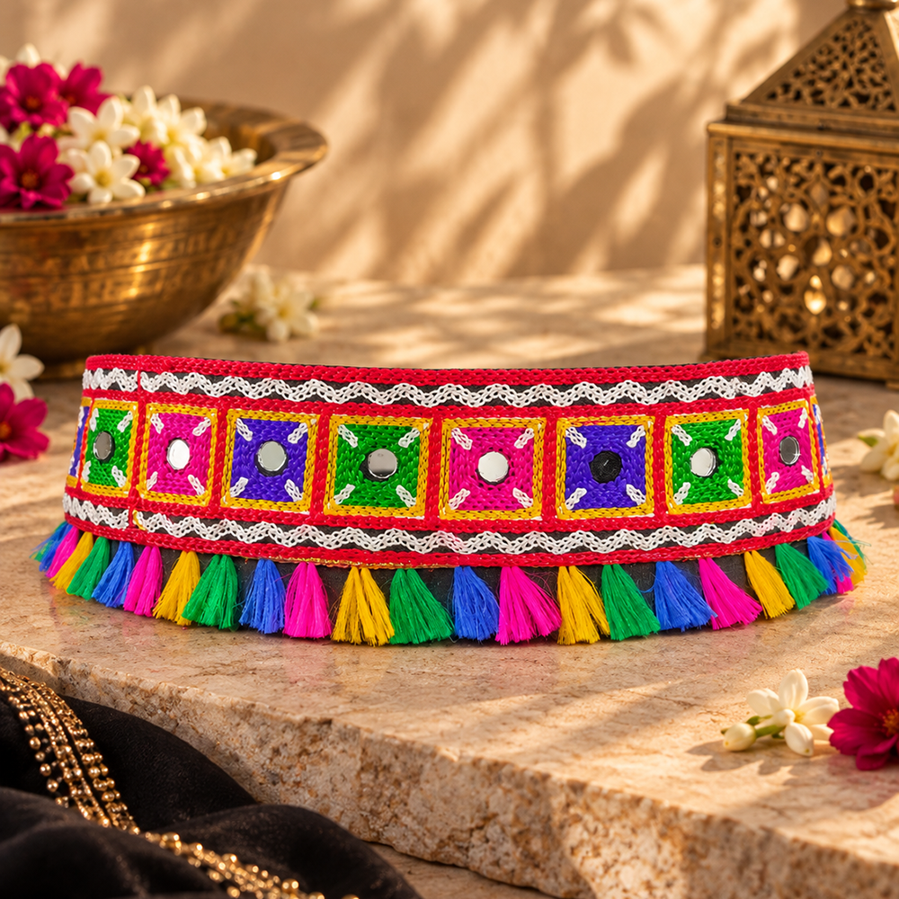The99Jewel Traditional Navratri Mirror Work & Colorful Tassel Embellished Kamarband Waist Belt for Women