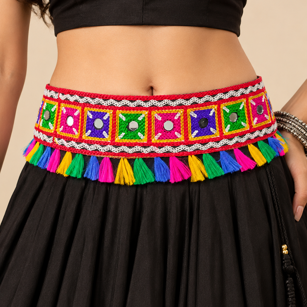 The99Jewel Traditional Navratri Mirror Work & Colorful Tassel Embellished Kamarband Waist Belt for Women