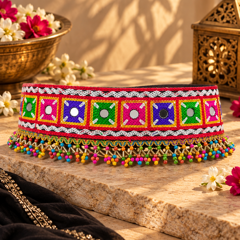 The99Jewel Vibrant Mirror Work Multicolor Pearl Kamarband Waist Belt for Navratri & Festive Occasions