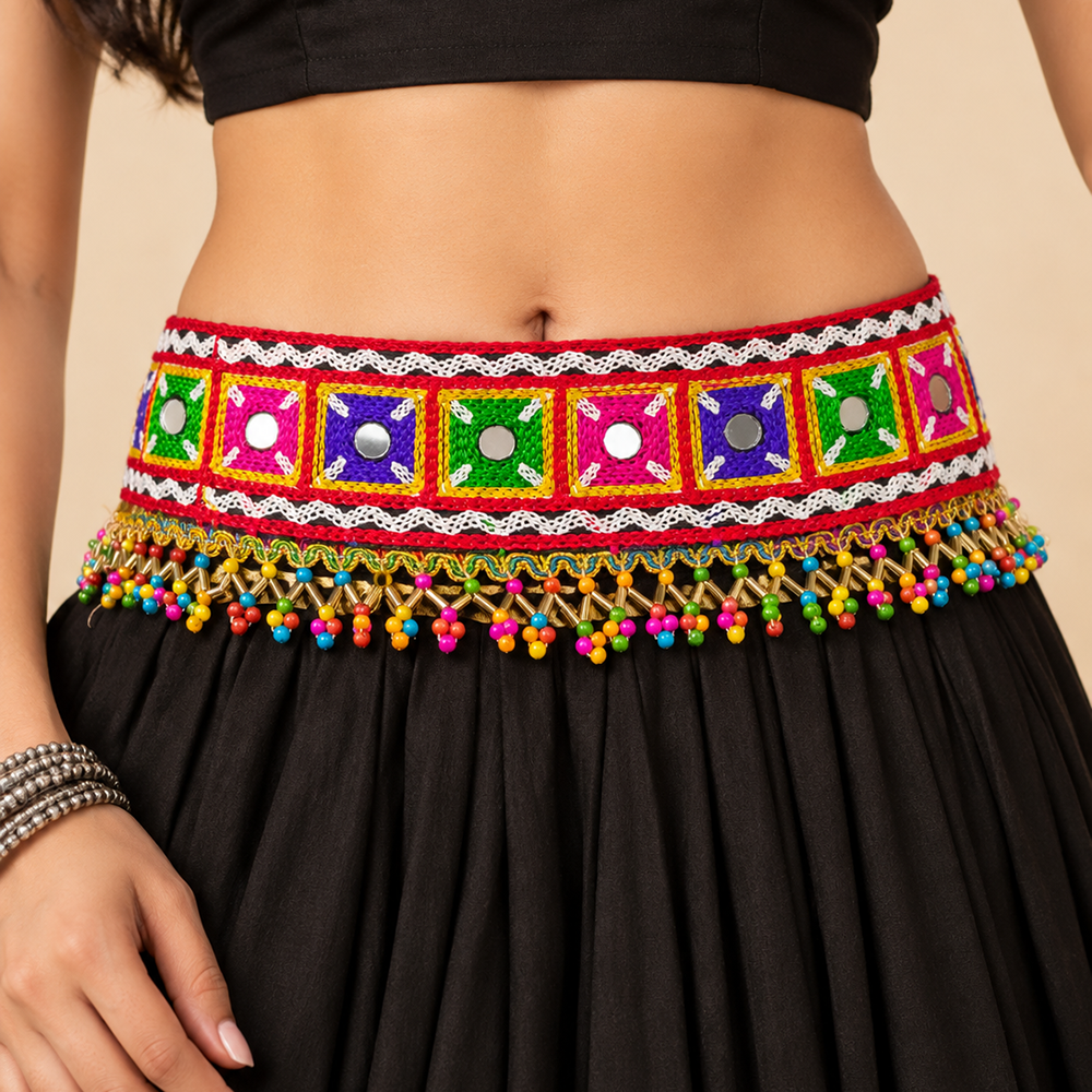 The99Jewel Vibrant Mirror Work Multicolor Pearl Kamarband Waist Belt for Navratri & Festive Occasions