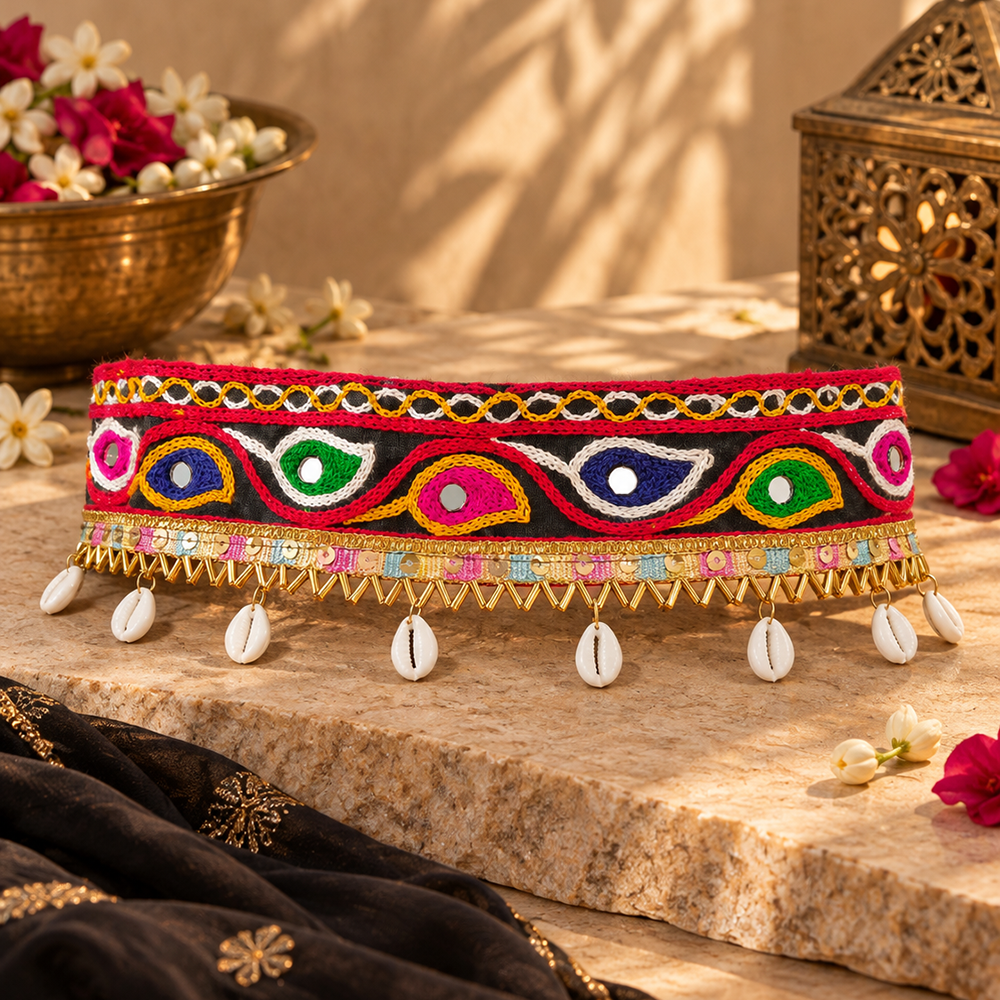The99Jewel Traditional Navratri Mirror Work & Shell Embellished Kamarband Waist Belt for Women