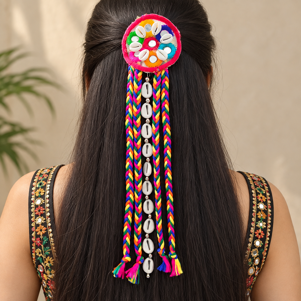 The99Jewel Handcrafted Multi-Color Navratri Hair Choti / Braid Paranda Mirror And Shell Work For Women & Girls