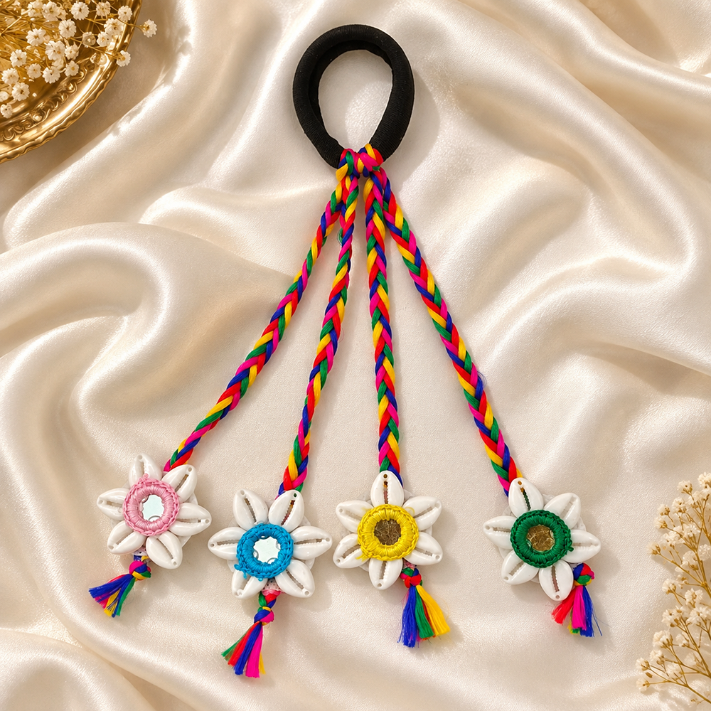 The99Jewel Handcrafted Multi-Color Navratri Hair Rubber Band with Cowrie Shell Flower Tassels