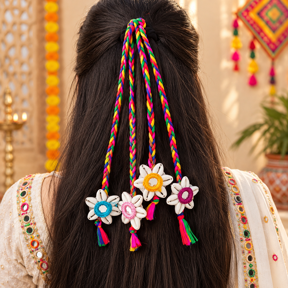 The99Jewel Handcrafted Multi-Color Navratri Hair Rubber Band with Cowrie Shell Flower Tassels