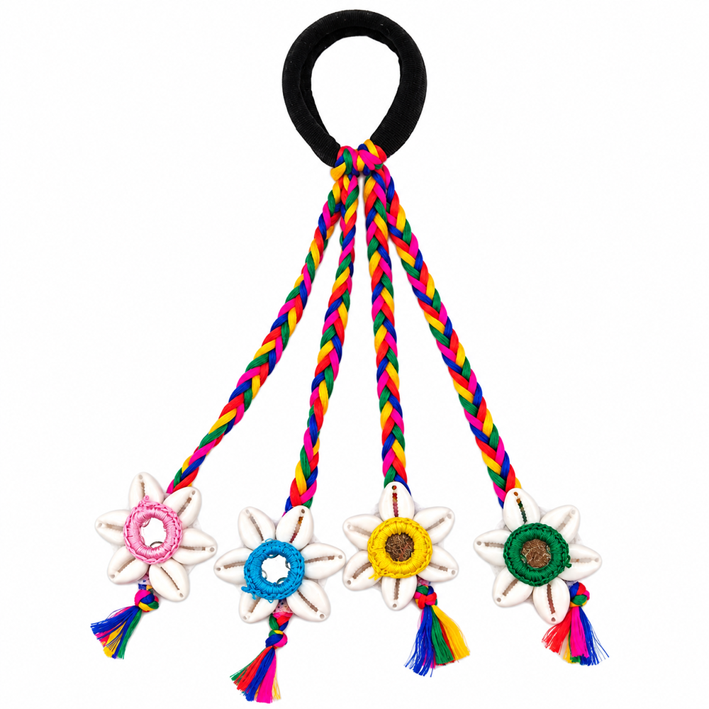 The99Jewel Handcrafted Multi-Color Navratri Hair Rubber Band with Cowrie Shell Flower Tassels