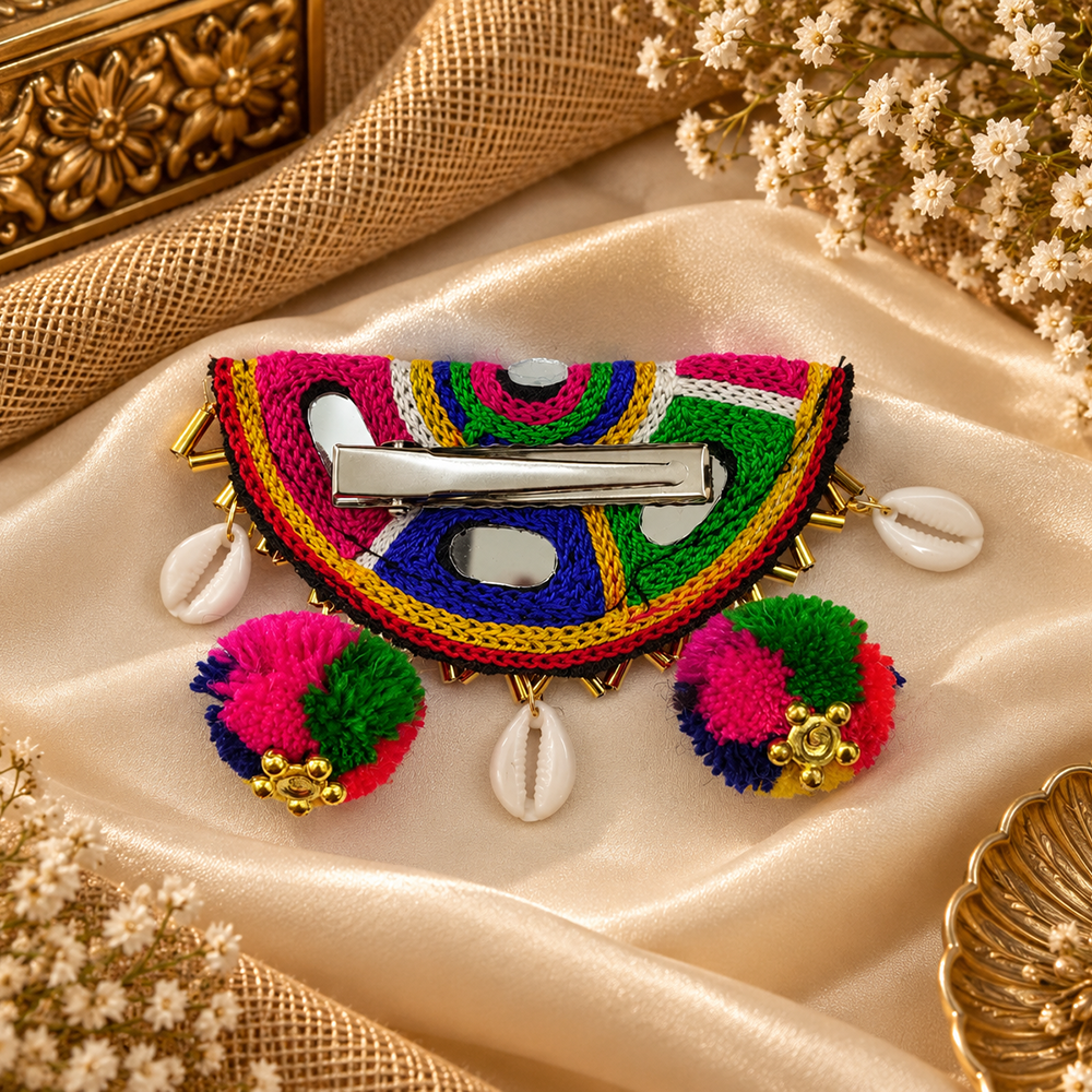 The99Jewel Garba Special Colourful Mirror & Pom Pom Hair Clip for Women