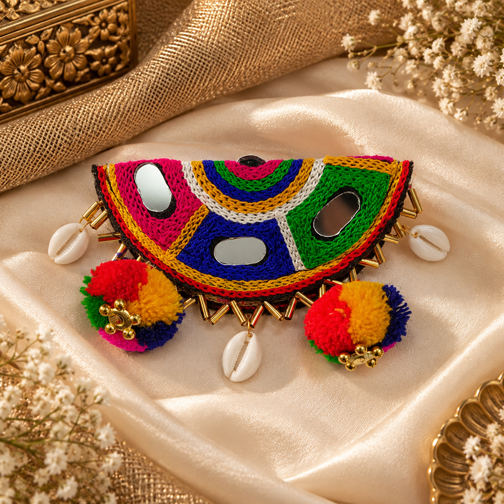 The99Jewel Garba Special Colourful Mirror & Pom Pom Hair Clip for Women