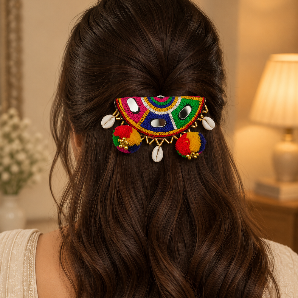 The99Jewel Garba Special Colourful Mirror & Pom Pom Hair Clip for Women