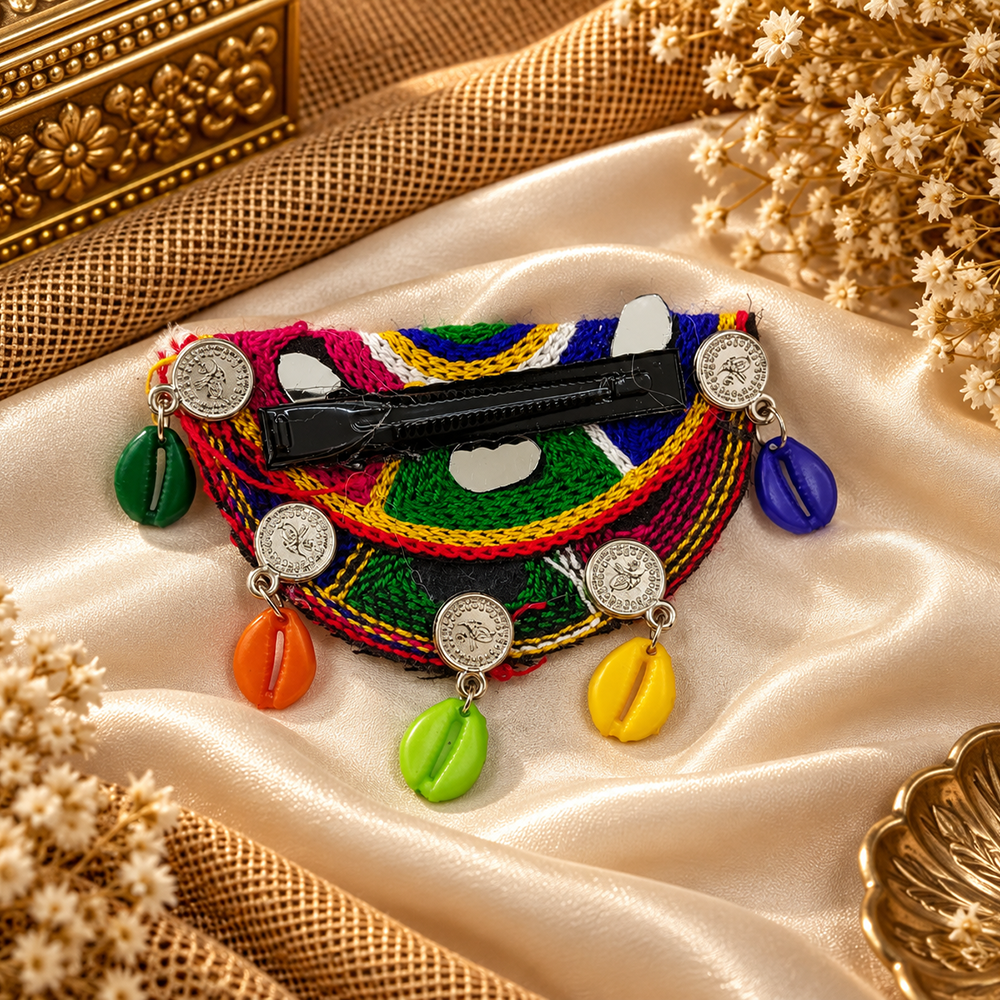 The99Jewel Garba Special Colourful Mirror & Pom Pom Shell Hair Clip for Women