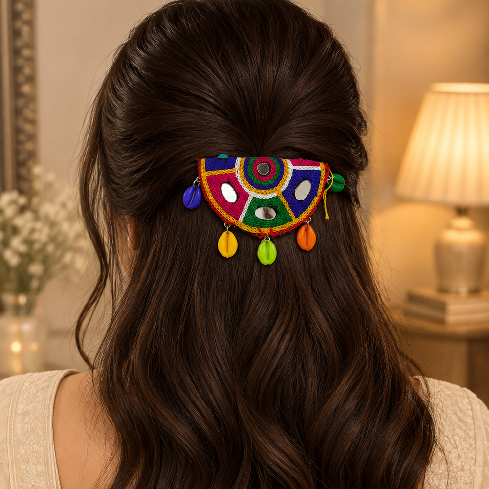 The99Jewel Garba Special Colourful Mirror & Pom Pom Shell Hair Clip for Women