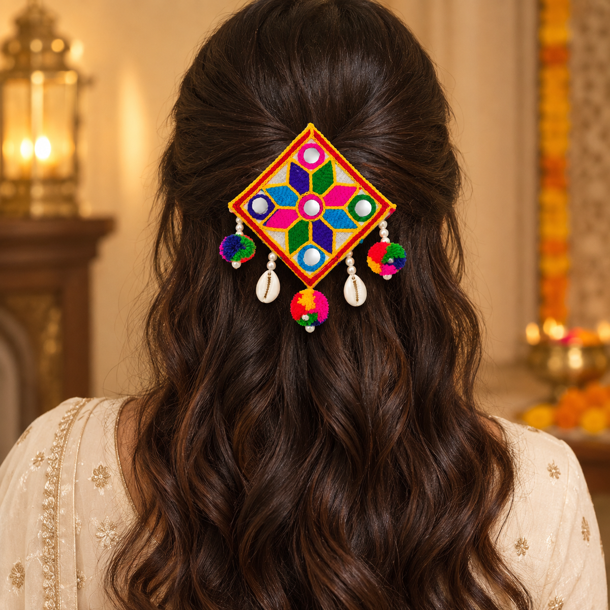 The99Jewel Garba Special Colourful Mirror & Pompom Shell Hair Clip for Women