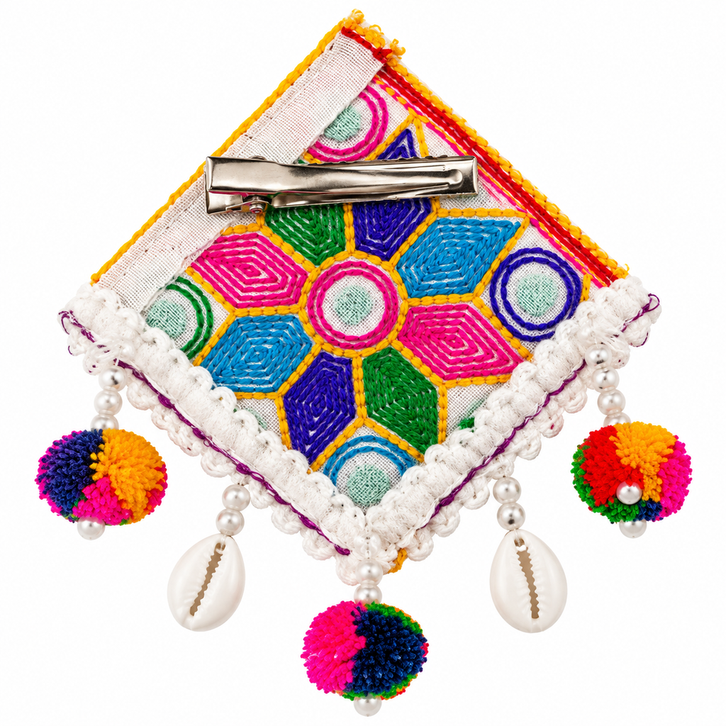 The99Jewel Garba Special Colourful Mirror & Pompom Shell Hair Clip for Women