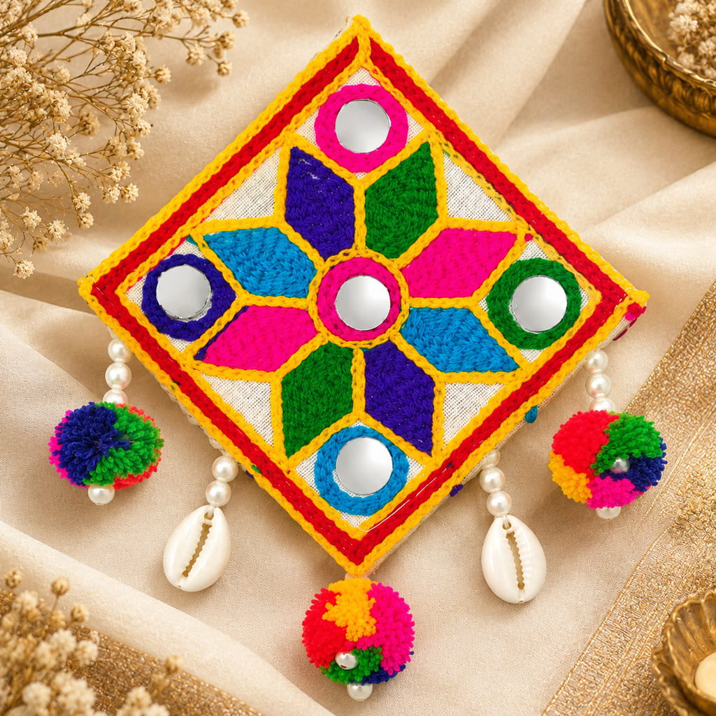 The99Jewel Garba Special Colourful Mirror & Pompom Shell Hair Clip for Women