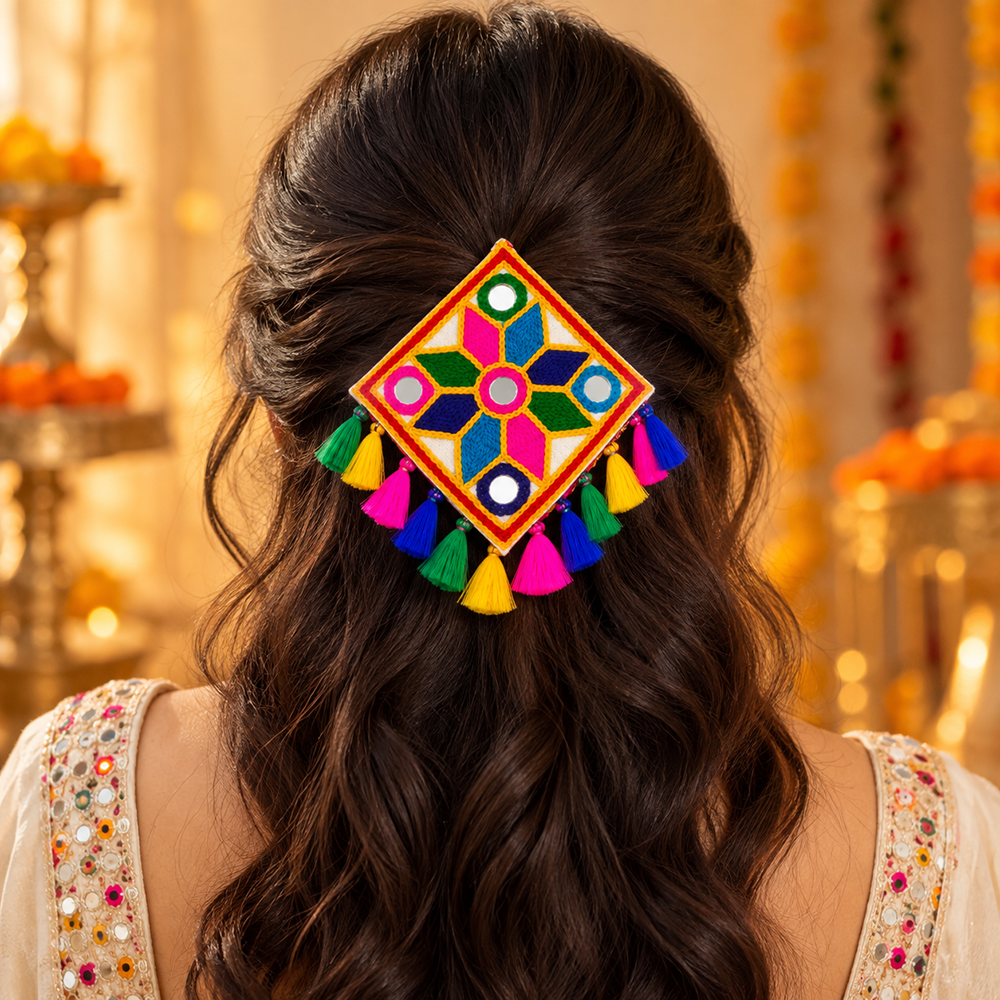 The99Jewel Garba Special Colourful Mirror & Colorful Tassel Hair Clip for Women