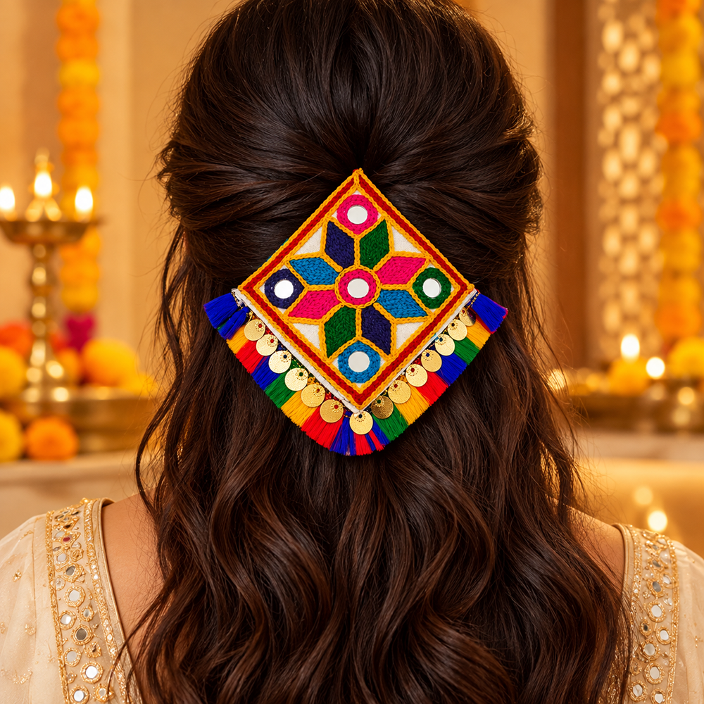 The99Jewel Garba Special Colourful Mirror & Colorful Tassel Hair Clip for Women