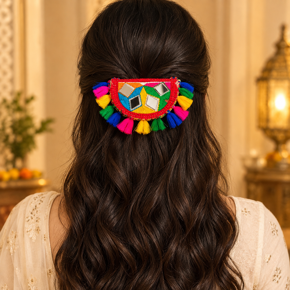 The99Jewel Garba Special Colourful Mirror & Colorful Tassel Hair Clip for Women