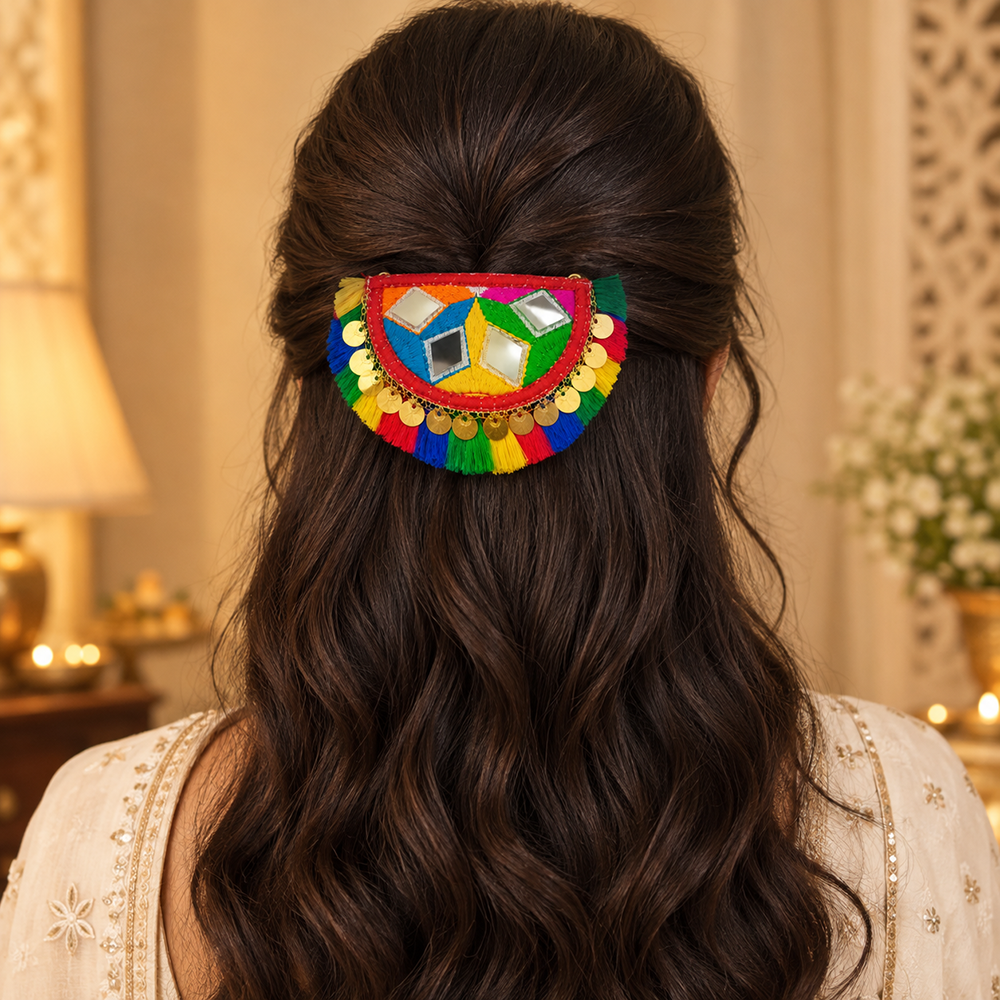 The99Jewel Garba Special Colourful Mirror & Colorful Tassel Hair Clip for Women