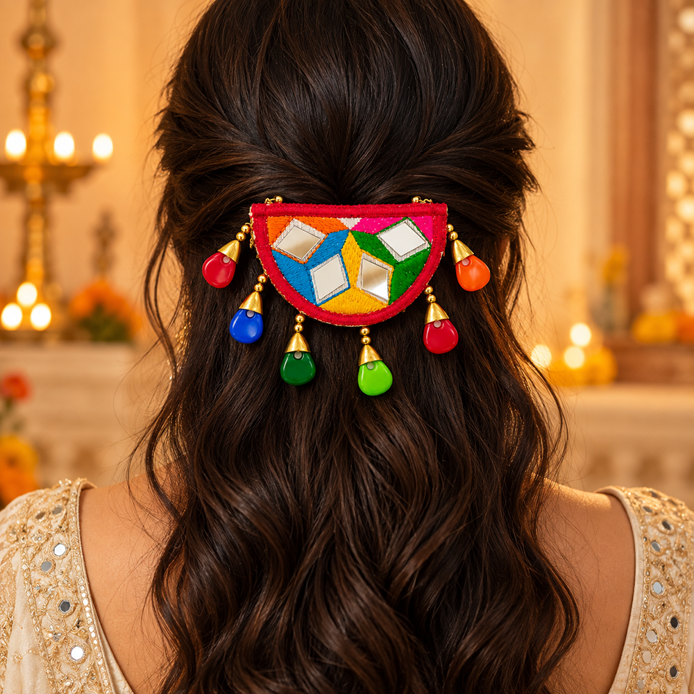 The99Jewel Garba Special Colourful Mirror & Colorful Charms Hair Clip for Women