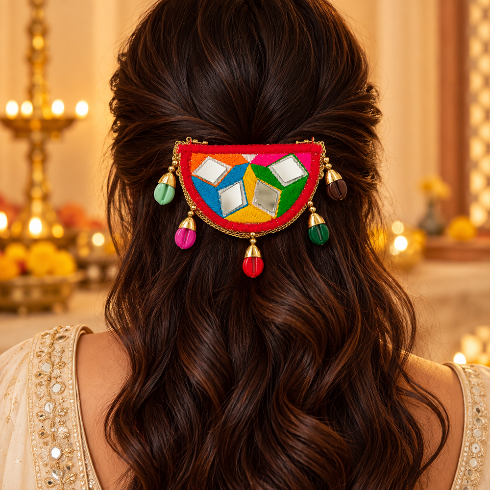 The99Jewel Garba Special Colourful Mirror & Colorful Shell Hair Clip for Women