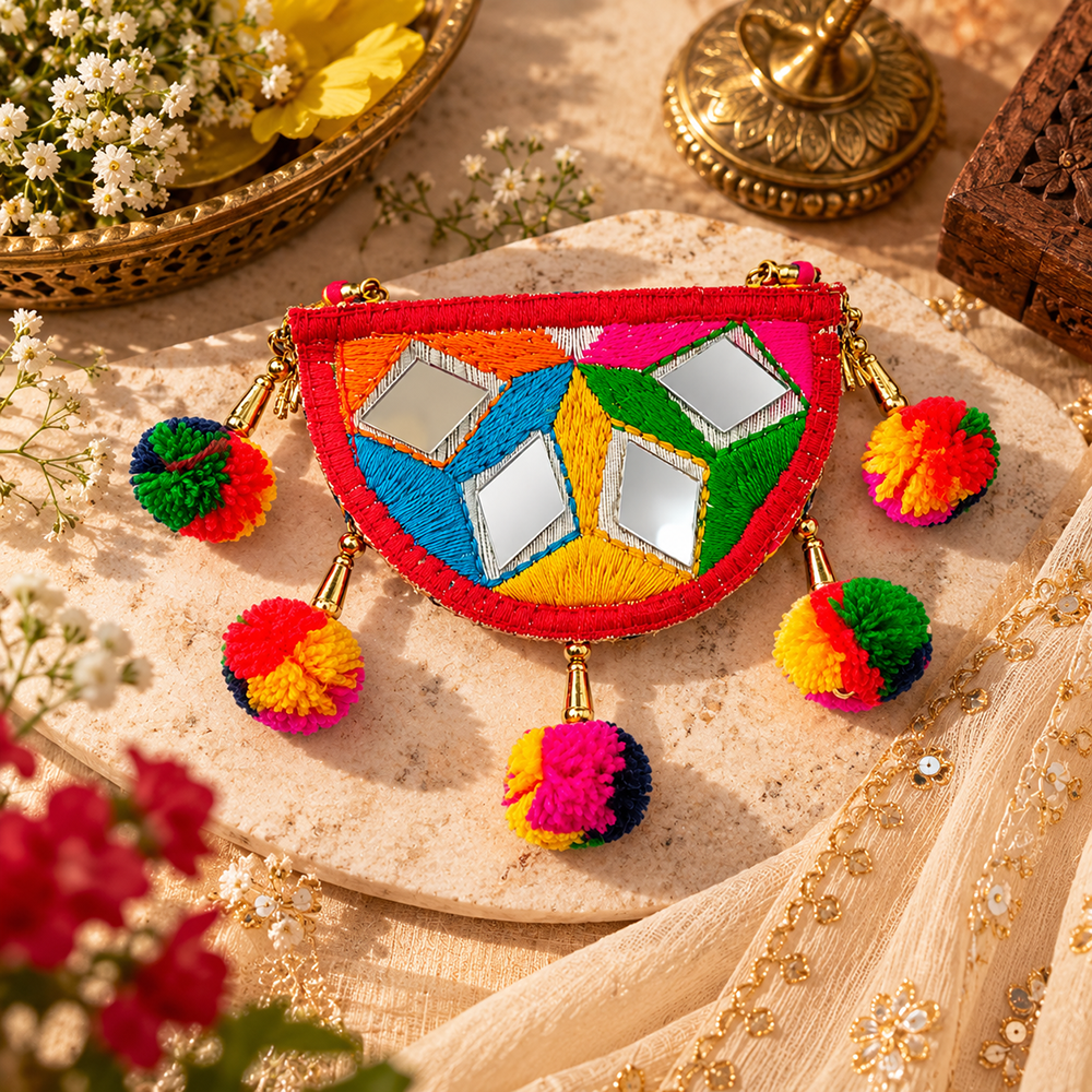 The99Jewel Garba Special Colourful Mirror & Colorful Pom pom Hair Clip for Women