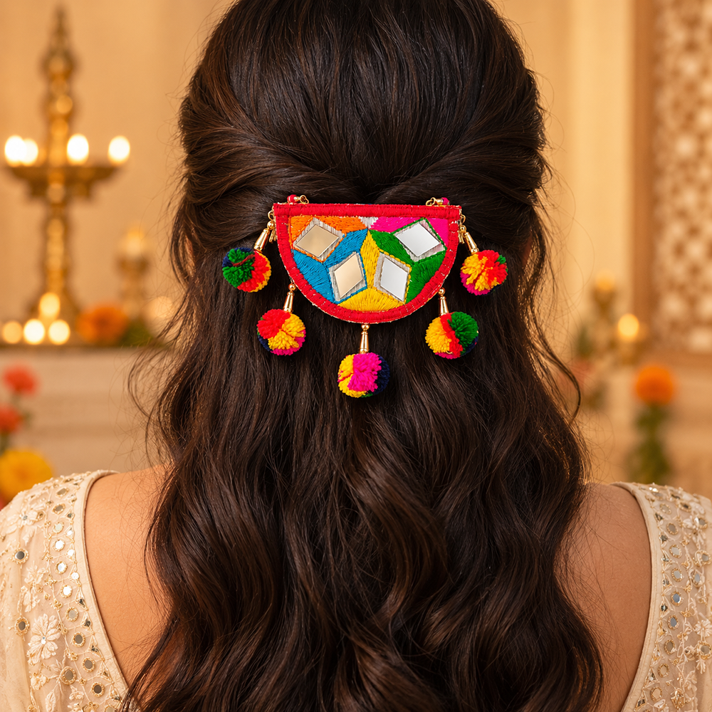 The99Jewel Garba Special Colourful Mirror & Colorful Pom pom Hair Clip for Women