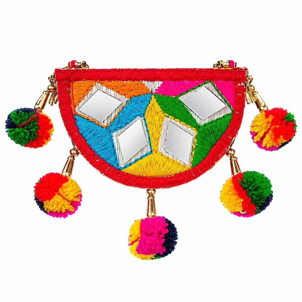 The99Jewel Garba Special Colourful Mirror & Colorful Pom pom Hair Clip for Women