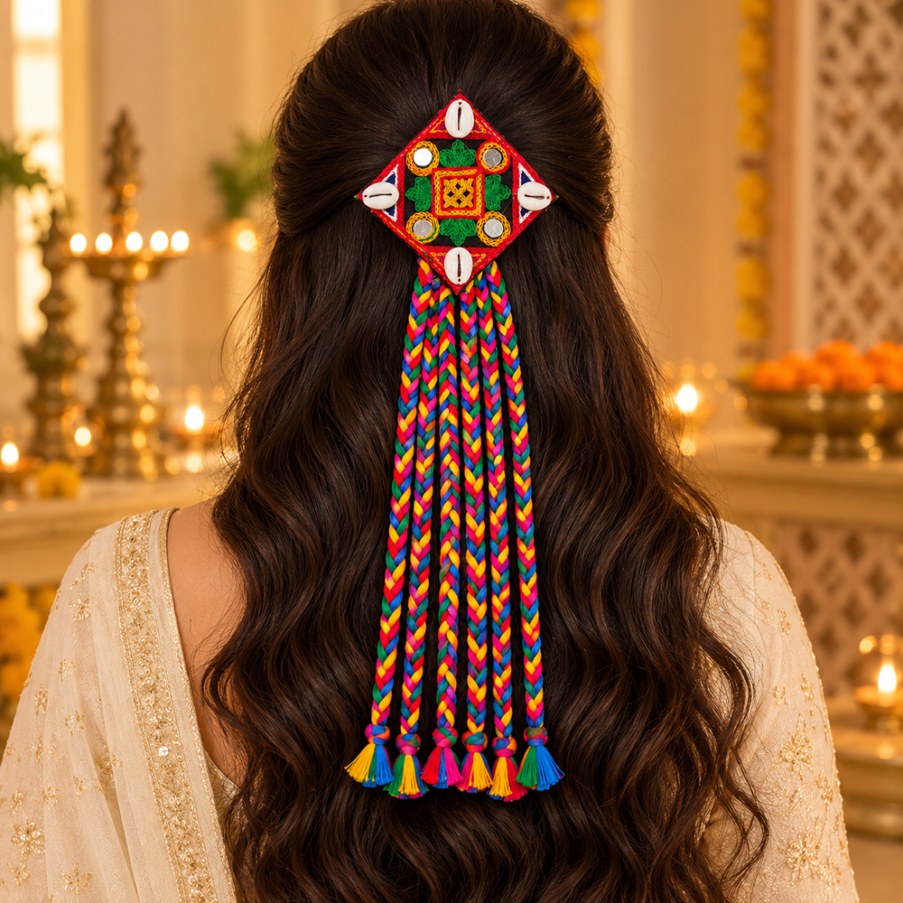 The99Jewel Handcrafted Multi-Color Navratri Hair Choti / Braid Paranda Mirror And Shell Work For Women & Girls