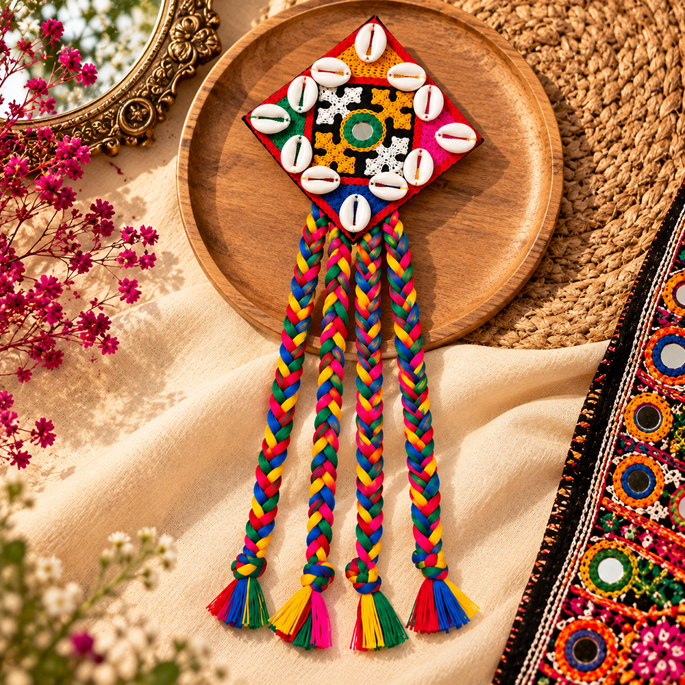 The99Jewel Handcrafted Multi-Color Navratri Hair Choti / Braid Paranda Mirror And Shell Work For Women & Girls