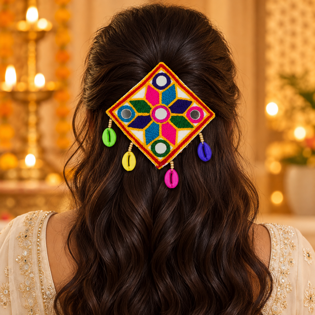The99Jewel Garba Special Colourful Mirror & Colorful Shell Hair Clip for Women